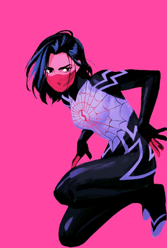 a digital illustration of a female superhero in a spidergirl costume. she is crouching with one leg bent and the other straight out, wearing a red mask and a black and white suit with a blue webbed design. her hair is black with blue highlights, and her eyes are narrowed in a fierce glare. she appears to be in the middle of a heroic action pose. the background is a bright pink.
