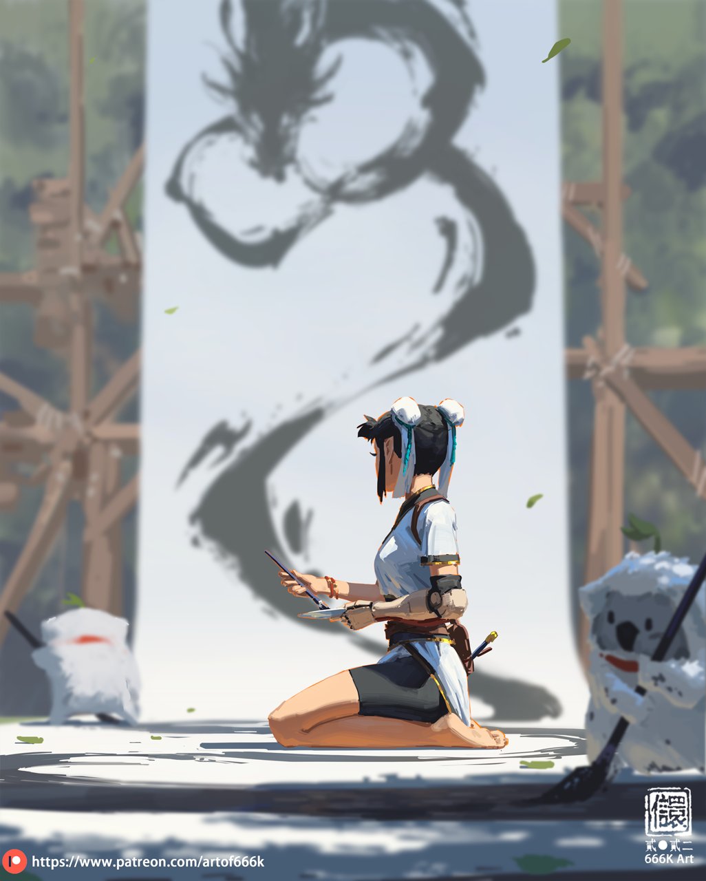 he digital painting showcases a young woman, possibly an artist, kneeling on the ground and meticulously painting a largescale ink artwork of a dragon on a white canvas. she is dressed in a lightcolored, loosefitting top and dark shorts, suggesting a relaxed yet focused demeanor. the artwork's scale dwarfs her, suggesting the magnitude of her task or vision. the setting appears to be an outdoor space, possibly in a garden or park, with simple wooden structures in the background. two small, seemingly plush, white creatures are visible—one resembling a small, rounded animal to the left, and another more resembling a koala near the right side, adding a whimsical touch to the scene. the overall style is a blend of anime and realism, with soft lighting and shading creating a calming and peaceful atmosphere.  the presence of a patreon logo and artist signature indicates that it is an online work of art. the image exudes a sense of artistry, serenity, and devotion to craft.
