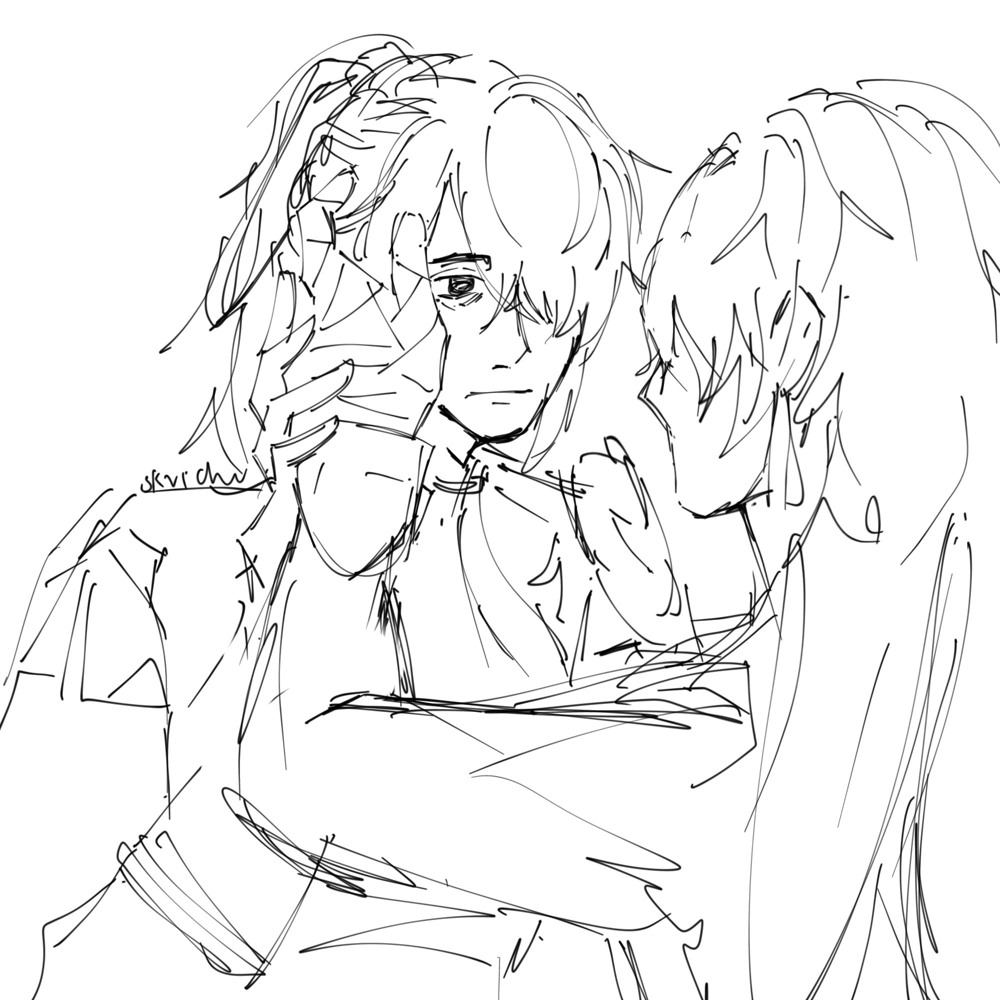 a rough, black and white sketch of a couple embracing. the male character has his face partially obscured by his hand, seemingly in distress. the female character is turned away from the viewer, her hair cascading down her back. the sketch is done in a loose, expressive style, capturing the raw emotions of the moment.  the lines are flowing and dynamic, suggesting movement and a sense of urgency. the overall feeling of the drawing is one of deep sadness and support, with the figures leaning into each other for comfort. the drawing evokes feelings of love, loss, and empathy.