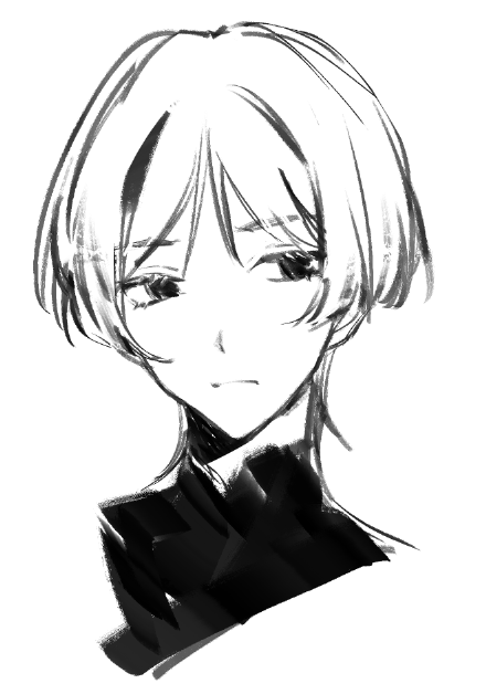 a black and white drawing of an anime girl with short hair. she has a sad expression and is looking down. the drawing is done in a simple style with bold brushstrokes. the girl is wearing a collared shirt.