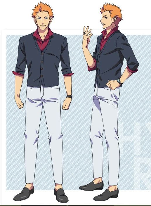 the image features an anime male character with orange hair standing in two different poses. he is wearing a black jacket over a red shirt, white pants, and black shoes. the character's expression is serious in both poses.