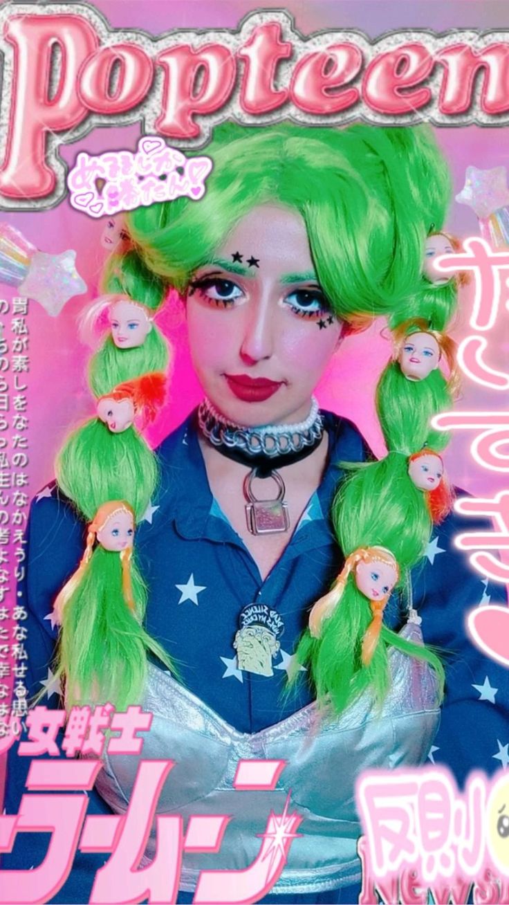 a young woman with bright green hair and a pink and blue shirt poses for a magazine cover. she has a series of dolls strung around her hair. the magazine's title is "popteen" in pink letters with stars and other graphic elements. the magazine is japanese and features a pop culture aesthetic.  the model is wearing a fashion that blends anime and dollinspired elements, including a necklace with a padlock pendant.