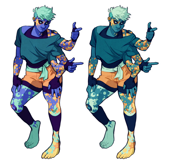 two versions of the same original character concept art. the art features a malepresenting individual with four arms, blue skin, and yellow and white markings across their body.  the character is wearing a teal cropped shirt with ripped sleeves, orange athletic shorts with a white waistband, and dark blue and purple leg warmers. he is posing with his fingers pointed in different directions, as if dancing. the illustration on the left is fully saturated and colored, while the one of the right uses muted tones with low saturation.