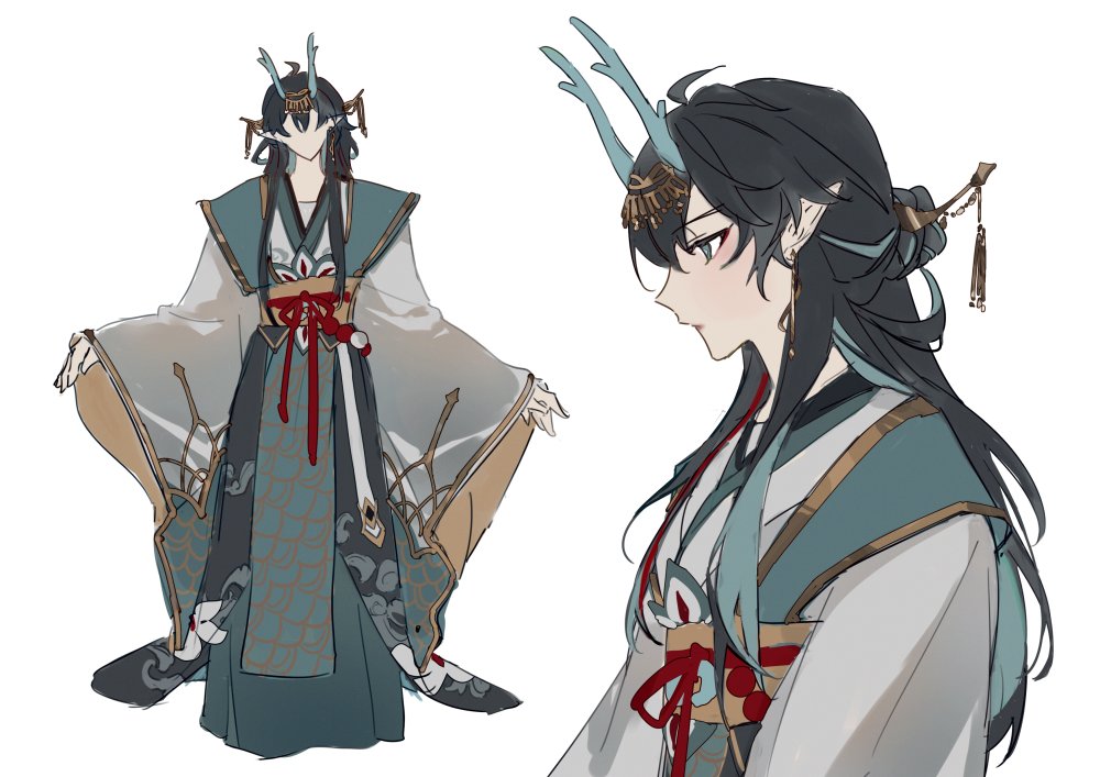 this image features an anime character, a woman with long black hair, wearing a traditional japanese kimono with intricate details, adorned with gold and red accents. the kimono is flowing and elegant, with a long, flowing sleeve.  the woman also has a pair of blue horns on her head,  indicating she could be a mythical creature. this image portrays a beautiful and fashionable character in a fantasy setting. the illustration style is beautiful and captivating, with the character's delicate features and intricate details of the kimono.