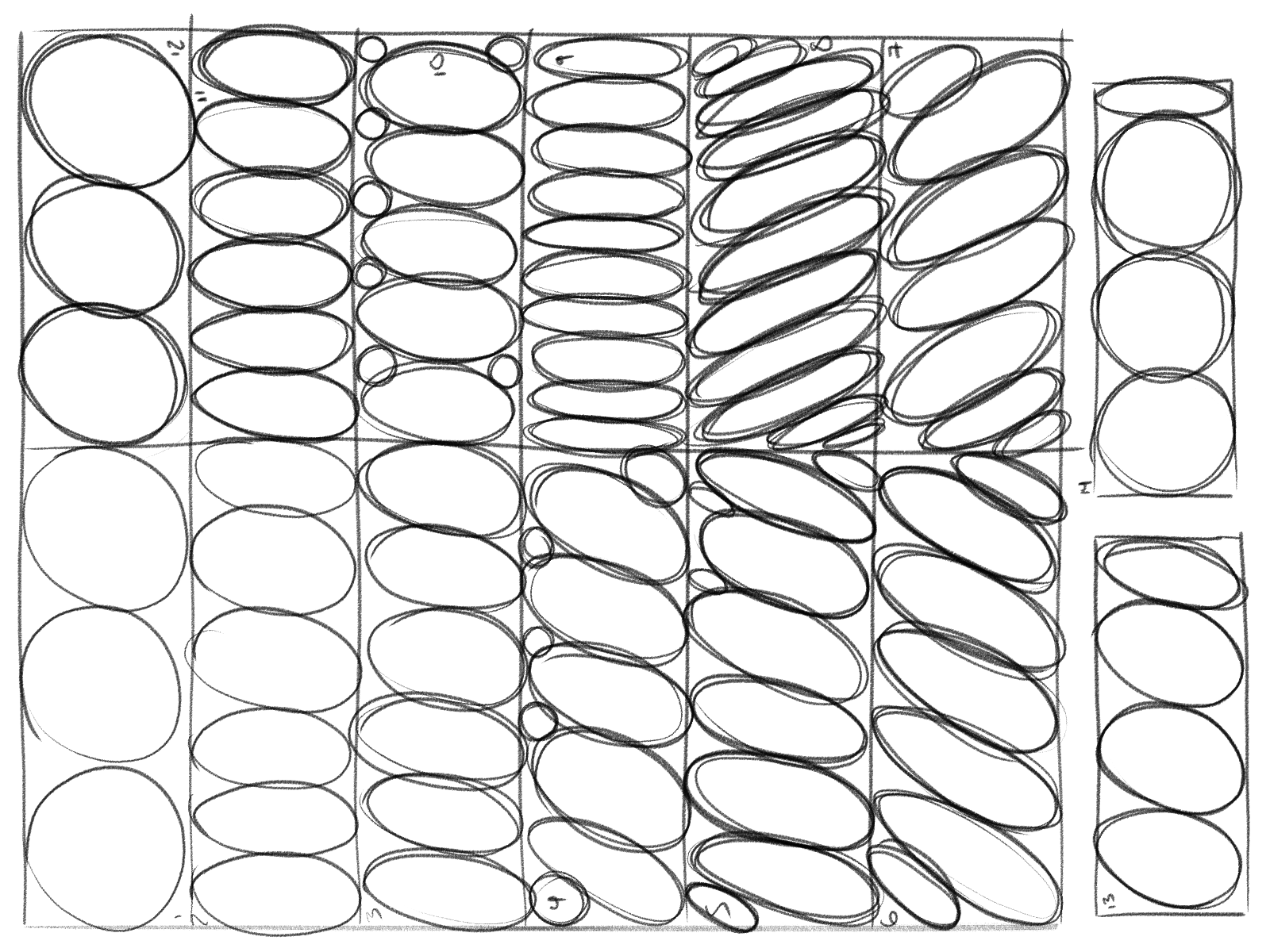 he image is a handdrawn sketch of a pattern composed of circles and ovals arranged in a grid. the shapes vary in size and are overlapping. there's a clear progression of shape transformation within the grid, going from almost perfect circles to elongated ovals.  the sketch appears to be a design study, possibly for textile or wallpaper, with numbered sections suggesting different variations or sizes for the pattern elements. the style is simple and abstract.