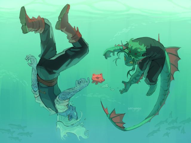 a blue and green merfolk with a long tail dives toward a human with white hair and blue skin, who is falling headfirst towards them. the human has a brown and red jacket on. a small red fish floats near the merfolk, which is  green with a long tail. small fish swim in the background.
