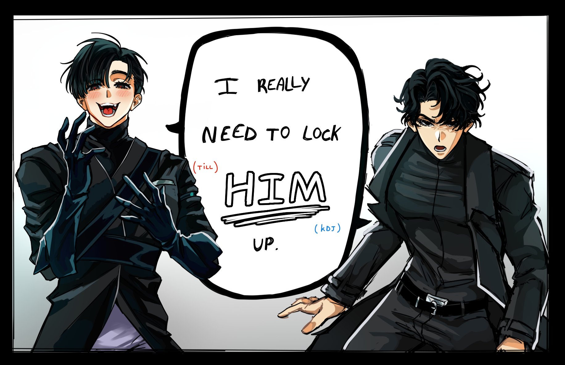 the image is a digital drawing in an anime/manga style depicting two male characters. one character is smiling mischievously while gesturing with his hands, appearing playful. the other has a more serious, almost apprehensive expression.  both are dressed in dark, almost identical clothing.  between them is a large speech bubble containing the text: "i really need to lock him up," with additional smaller text indicating the speakers. the setting appears to be a whiteboard, implying some sort of plan or scheme is being discussed. the overall style is dark and dramatic, emphasizing the characters' expressions and the slightly ominous tone of the text.
