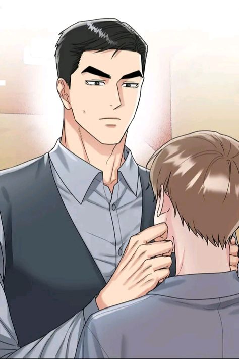 the image shows two men in a closeup, drawn in a manhwa style. the taller man with short black hair and a strong jawline is holding the face of the other man, who has shorter brown hair.  they are both dressed in business casual attire, with the taller man wearing a vest and the other a collared shirt. the taller man's gaze is fixed on the other, creating a sense of intimacy and tension. the soft lighting and warm color palette contribute to the romantic atmosphere.