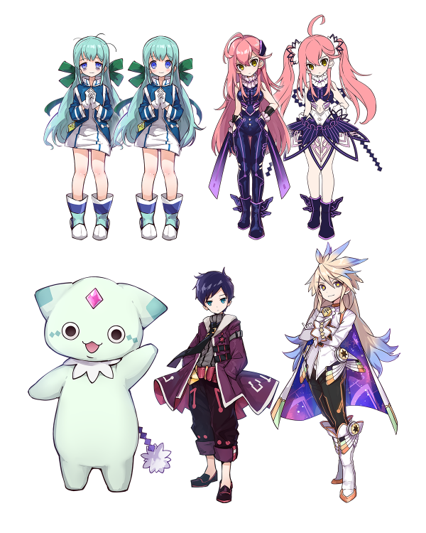 this image shows a group of anime characters. there are two twin girls with blue hair and blue outfits. they are both holding their hands together in front of them and have a big smile. there are two other girls with pink hair and purple outfits. both of the girls are holding a weapon and are facing forward with a serious expression. there are two boys, one has black hair and a red outfit, the other has blonde hair and white outfit. there is a catlike creature, with a light green fur, a smile on its face and is looking forward.