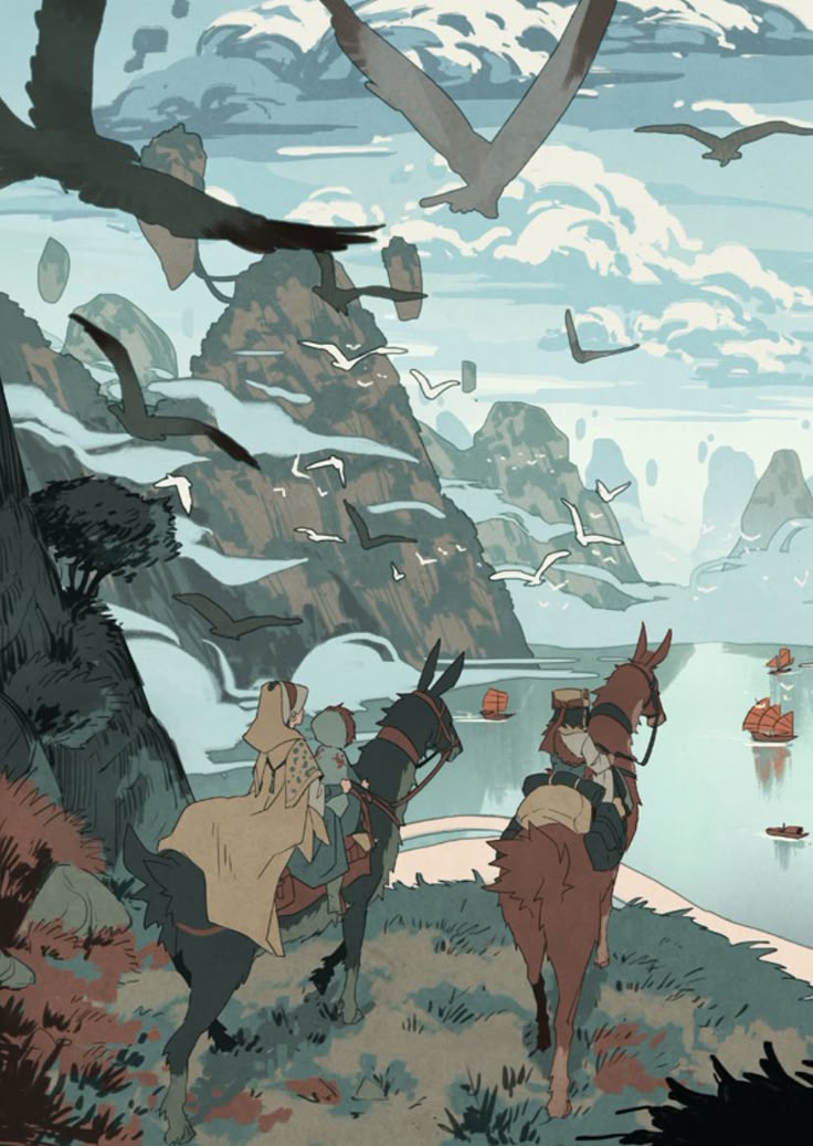 the image is a scenic illustration of a fantastical landscape. two riders on horseback are depicted traveling along a path near a body of water. mountains rise in the background, partially obscured by clouds and mist. numerous birds fly in the sky above, some large and prominent, others smaller and more distant. several boats are visible on the water. the overall tone is one of adventure and exploration in a natural setting.