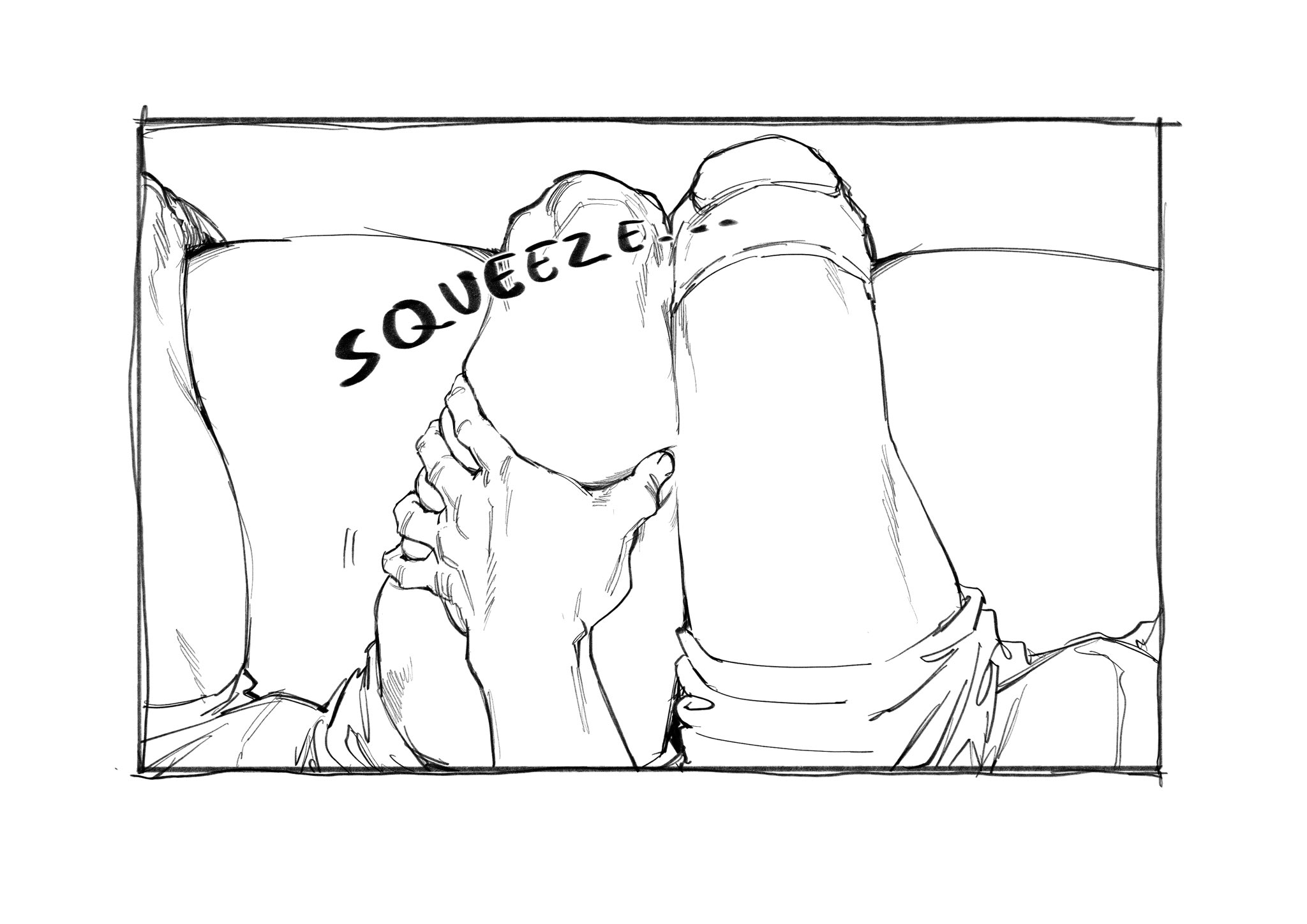 a black and white comic strip panel, depicting a closeup of two men lying on a couch. one man is holding the other man's leg, while the other man is holding his own leg. the man's hand