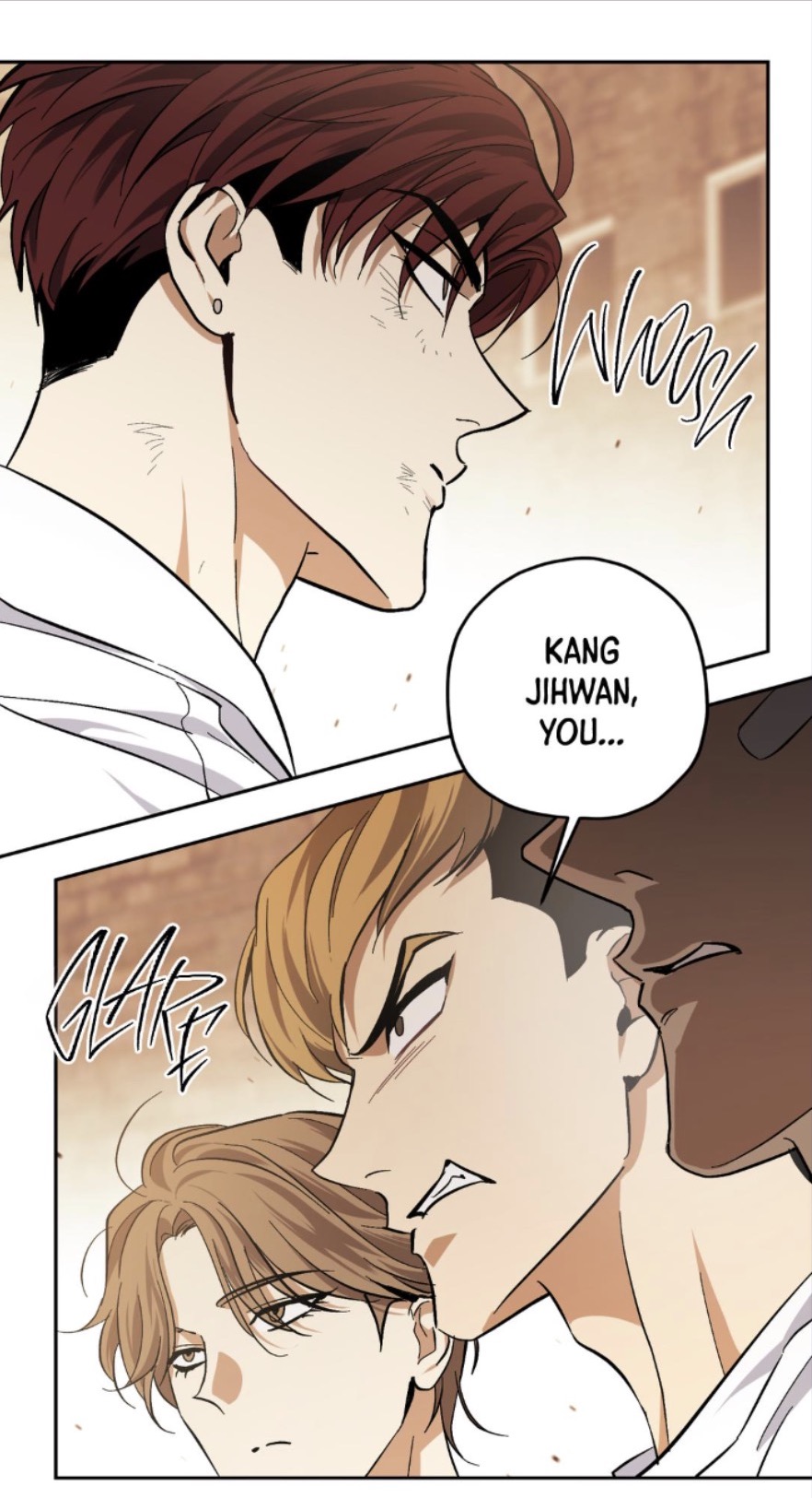 the image is a closeup panel from a manhwa (korean comic) or webtoon. it depicts a tense confrontation between several characters.  the focus is on three men. the main character, kang jihwan, is shown in profile from the shoulders up, his face exhibiting a serious and intense expression.  another character with blond hair is shown from the chest up, also with an aggressive glare directed at someone offpanel. a third character’s dark skin is visible, and he appears to be involved in the confrontation. a speech bubble states, "kang jihwan, you…" suggesting a warning or accusation.  the background is a muted tone, drawing attention to the characters’ faces and expressions. the style is characteristic of actiondrama manhwa, with dynamic linework and expressive character designs.  words like “whoosh” and “glare” are used onomatopoeically to enhance the scene's drama.