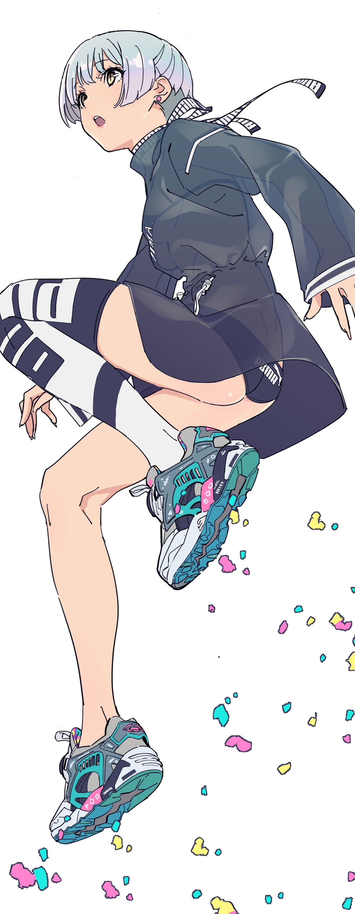 he image showcases an animestyle girl with short, light grey hair dynamically leaping through the air. she is dressed in a dark grey jacket, black shorts, striped and white socks, and brightly colored sneakers. the background is plain white, with splashes of pastelcolored confetti seemingly emanating from her as she jumps, adding to the energetic and playful feel of the image. the overall style is vibrant and stylish, with attention to detail in her clothing and shoes.