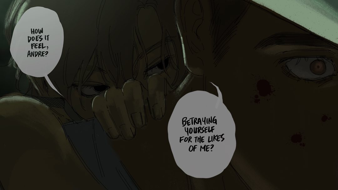 the image is a closeup panel from a graphic novel or comic book, rendered in a dark and moody style reminiscent of manga or similar visual storytelling traditions.  it depicts two characters in an intense, emotionally charged moment. a woman with short hair, partially obscured by her hands, sits with a distressed expression.  her face is partially hidden, suggesting shame or heartbreak.  a male character, partially visible with blood splatters on his face, confronts her. speech bubbles reveal their conversation, centered around themes of betrayal and selfsacrifice.  the overall atmosphere is heavy with tension, suggesting a complex and potentially painful interaction between the two characters. the style is dark and suggestive, employing chiaroscuro (strong contrasts between light and shadow) to emphasize the emotional weight of the scene.