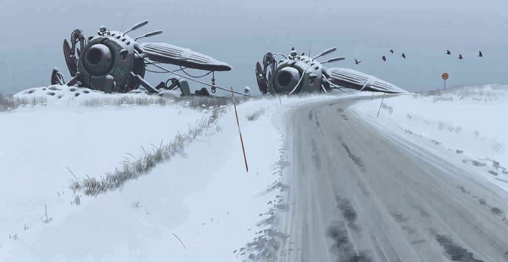 a snowy landscape with a road winding through it. on either side of the road are two large, abandoned, futuristic, mechanical vehicles that look like insects. the sky is grey and there are a few birds flying overhead. the image is very cold and desolate.