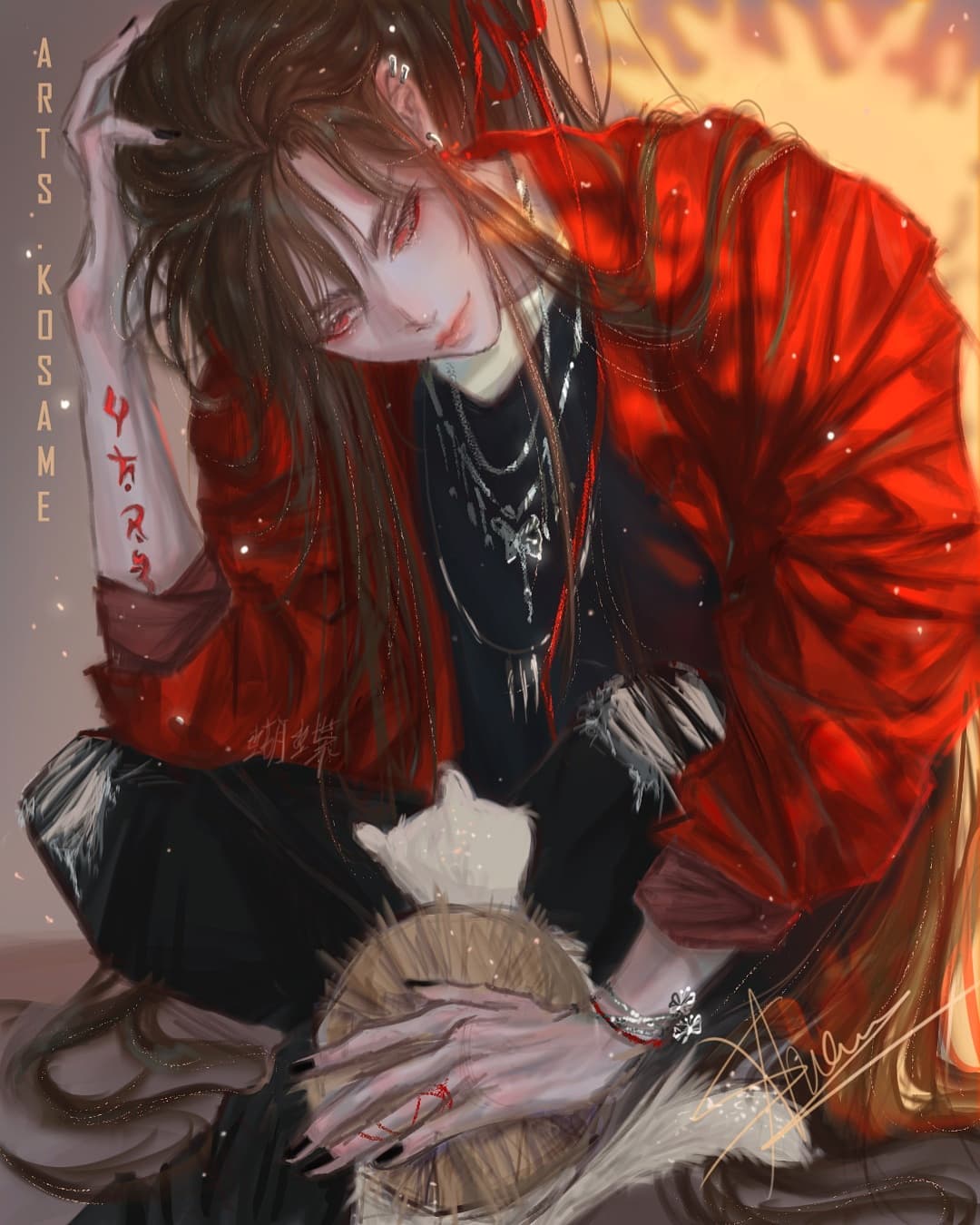 the image is a digital painting or fanart depicting an animestyle character. the character has long dark hair,  is wearing a vibrant red jacket over a black outfit, and numerous accessories such as necklaces, bracelets, and piercings.  they appear androgynous and have intense, glowing eyes.  there are stylized tattoos visible on the arm.  the character is sitting, holding something that looks like a small animal or object close to them. the art style is painterly and uses a dramatic lighting scheme with warm and glowing effects to create a mystical or atmospheric mood. the background is blurred and suggestive of a sunset or fire. the artist's signature is faintly visible. the overall impression is one of mystery and style, combining fantasy elements with modern fashion.