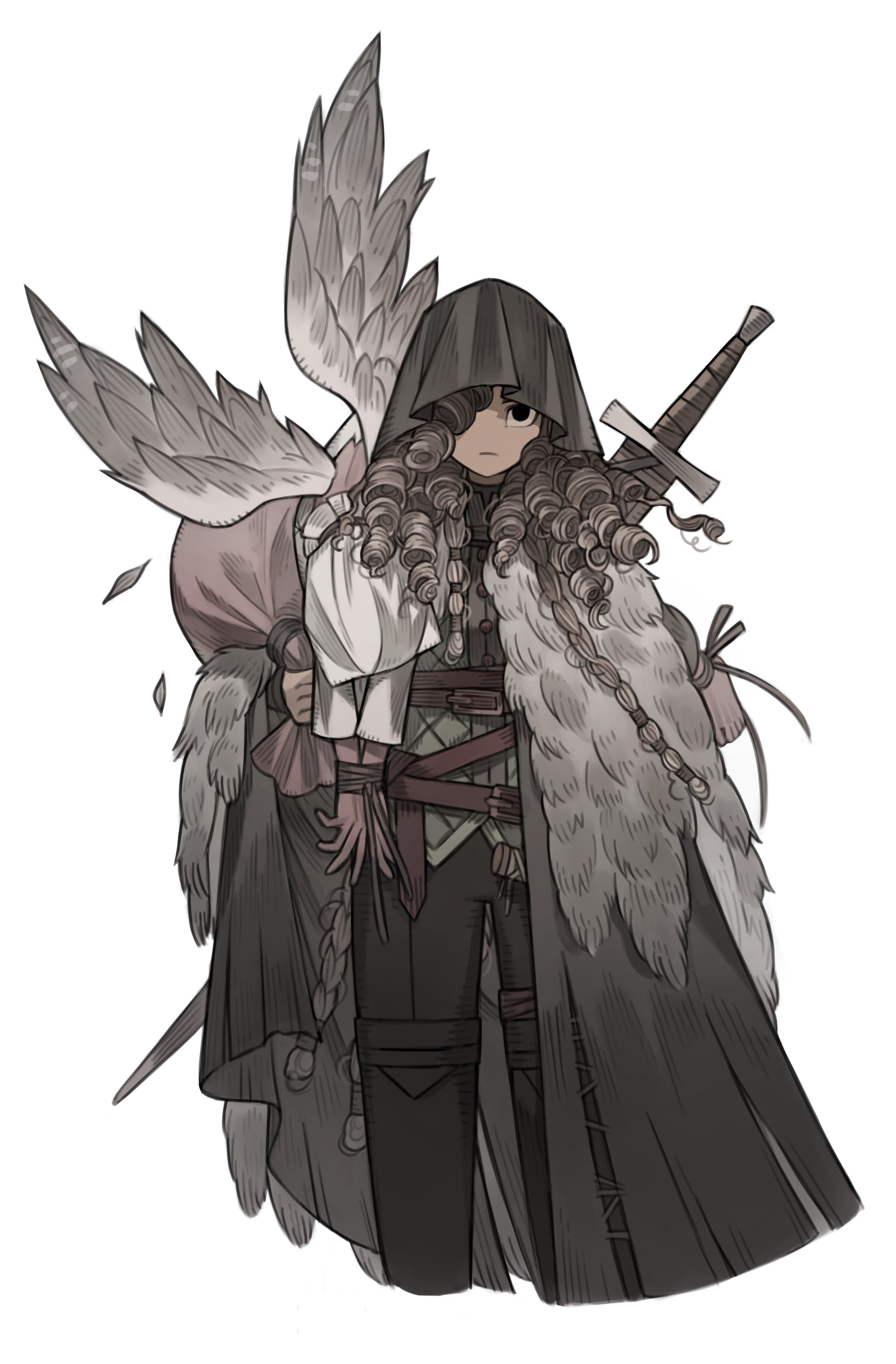 a digital illustration of a young woman with long curly hair, wearing a dark hooded cloak over a white tunic and dark pants. she carries a sword strapped to her back and a large bag slung over her shoulder. a pair of large feathered angel wings sprout from the bag, partially obscuring her form. the overall palette is muted and grayscale, creating a somber and mysterious atmosphere.