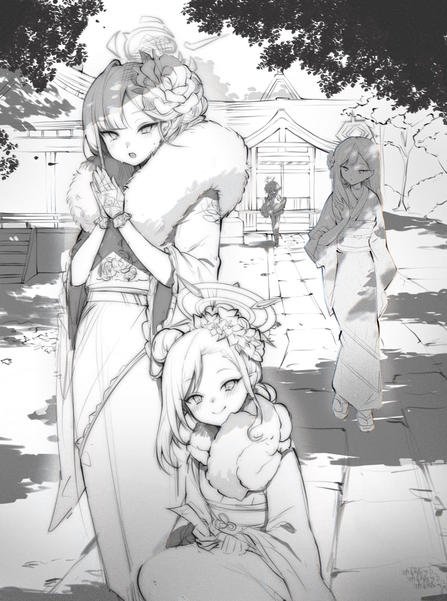 the image is a monochrome animestyle illustration depicting three young women in traditional japanese kimonos. the woman in the foreground is wearing a voluminous white fur stole over her kimono, while the other two women have more modest attire. all three appear to be in a tranquil setting, possibly near a temple or shrine, with the traditional architecture visible in the background. the overall style is delicate and suggestive of a serene atmosphere. the artist's signature or watermark is visible in the lowerright corner.