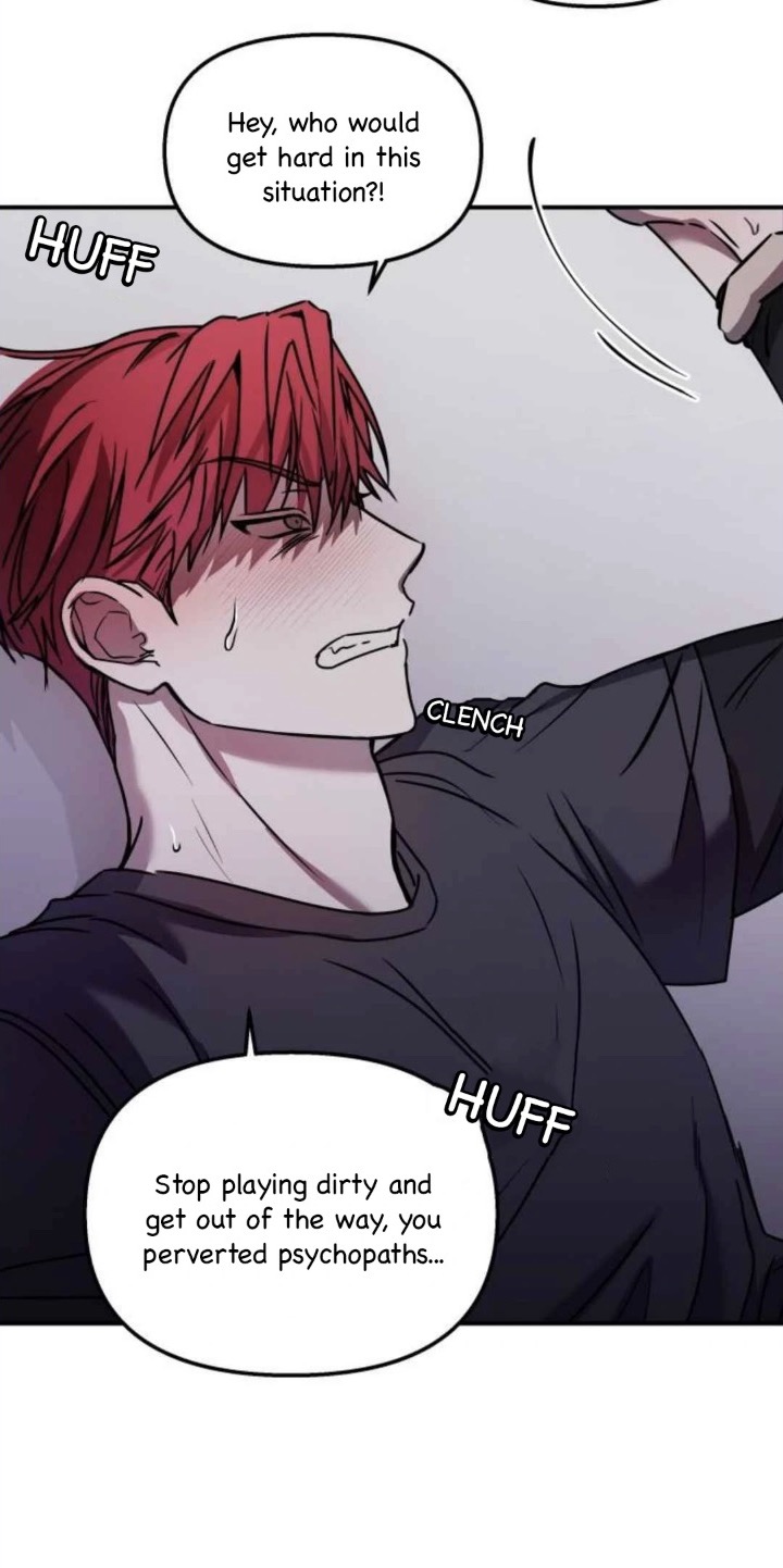 a closeup shot of a manga character with red hair, clenching his jaw, and sweating. he is clearly frustrated and angry, as indicated by his expression and the speech bubbles. the speech bubbles reveal he is accusing someone of "playing dirty" and calls them "perverted psychopaths."  the overall tone is intense and passionate, with a strong sense of sexual tension. the art style is typical of manhwa and webtoons.