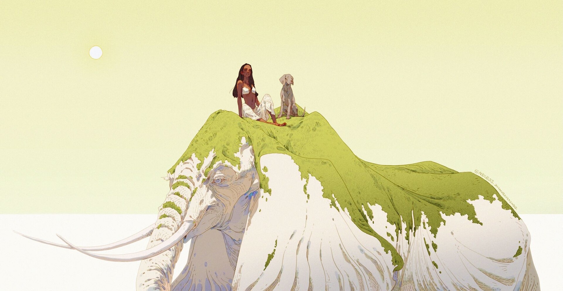 a woman with long dark hair sits on a giant elephant with its head and trunk covered in a patch of grass, a dog sits beside her. the sun is shining in a light yellow sky. the art style is digital and fantastical, with a whimsical feel.