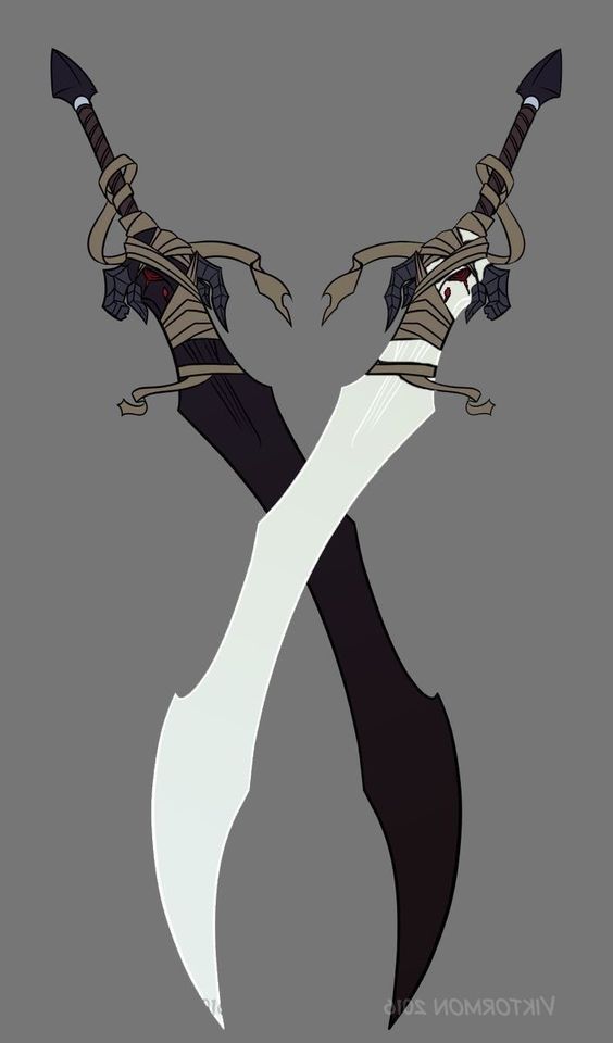 two swords are crossed in an x formation, with the blades facing opposite directions. the left blade is curved and white while the right blade is straight and black. the hilts of the swords are identical and are black, gray, and red, and wrapped in bandages.