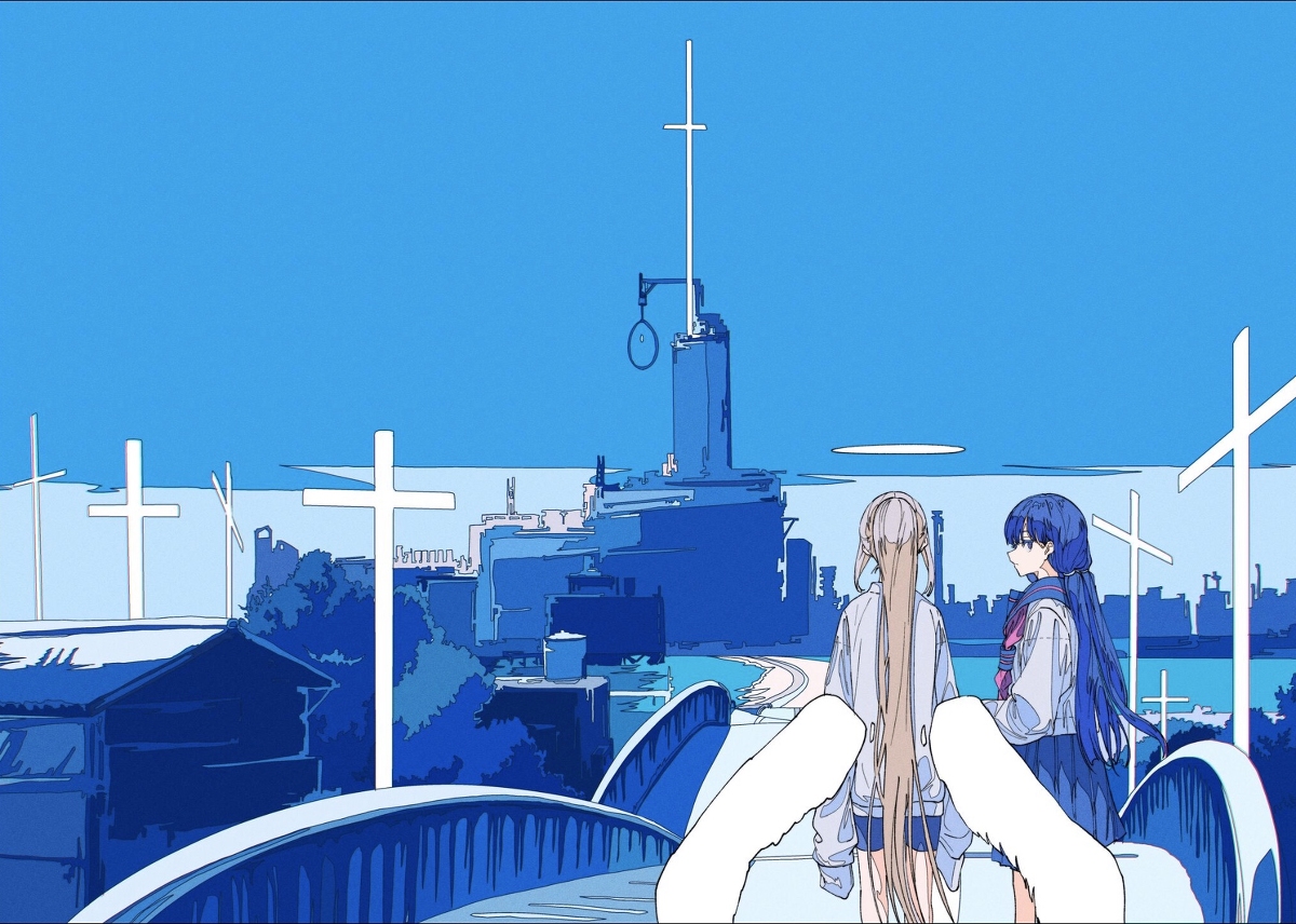 he image is a digital illustration or artwork depicting two animestyle girls with long hair walking on a bridge overlooking a bluetoned city.  the city features several prominent crosses in the background, adding a surreal and slightly mysterious atmosphere. the overall color palette is primarily shades of blue, creating a calm and serene mood. the girls appear to be wearing casual clothing, one in a schoollike uniform.  large white wings flank the figures, partially obscuring their lower bodies. the style is distinctly animeinfluenced, with the characters and background having a smooth, stylized quality. the artwork is detailed yet dreamlike, giving an overall impression of a tranquil yet unusual urban fantasy setting.