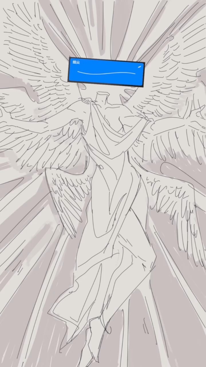 the image is a digital sketch or drawing of an angel. the angel is depicted in a flowing robe with large, detailed wings. its head is obscured by a light blue rectangular shape reminiscent of a computer screen displaying a blue screen of death error.  the overall style is ethereal and slightly abstract, with soft lines and a muted color palette. the background consists of radiating lines suggesting light or energy. the drawing style appears somewhat sketchy and unfinished, contributing to a dreamlike quality.