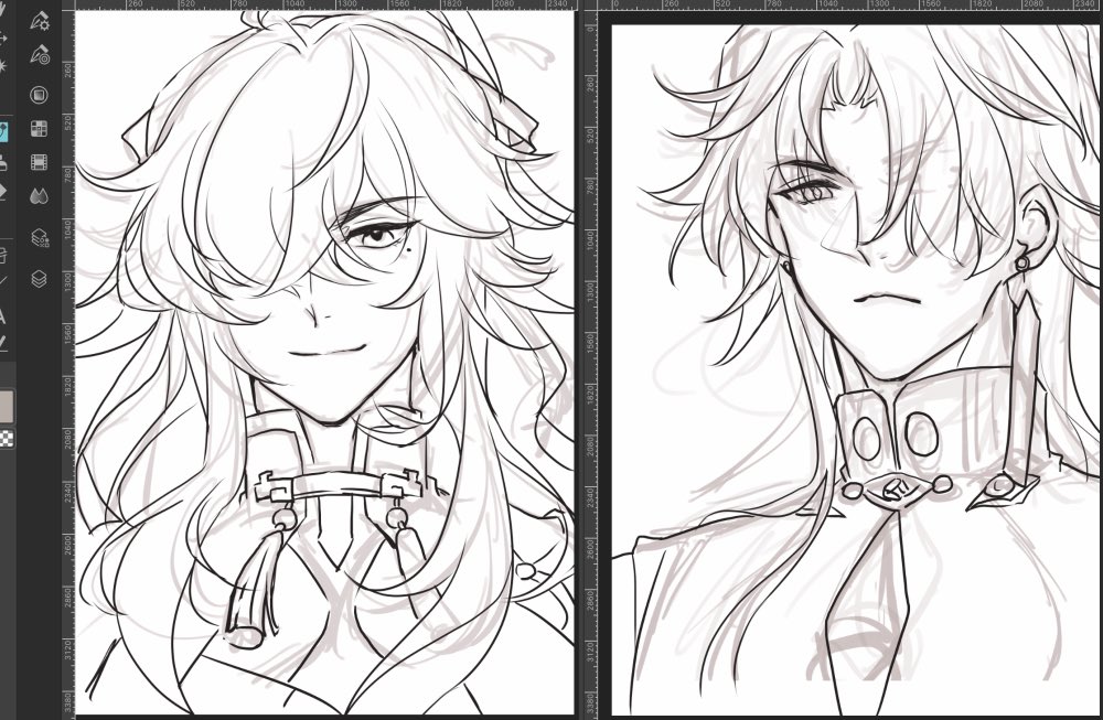 the image shows a black and white line art drawing of two anime characters. the characters are both male with long hair, and they are both looking off to the side. the character on the left is smiling, while the character on the right has a more serious expression. both characters have elaborate collars and jewelry. the style of the art is simple, but elegant.