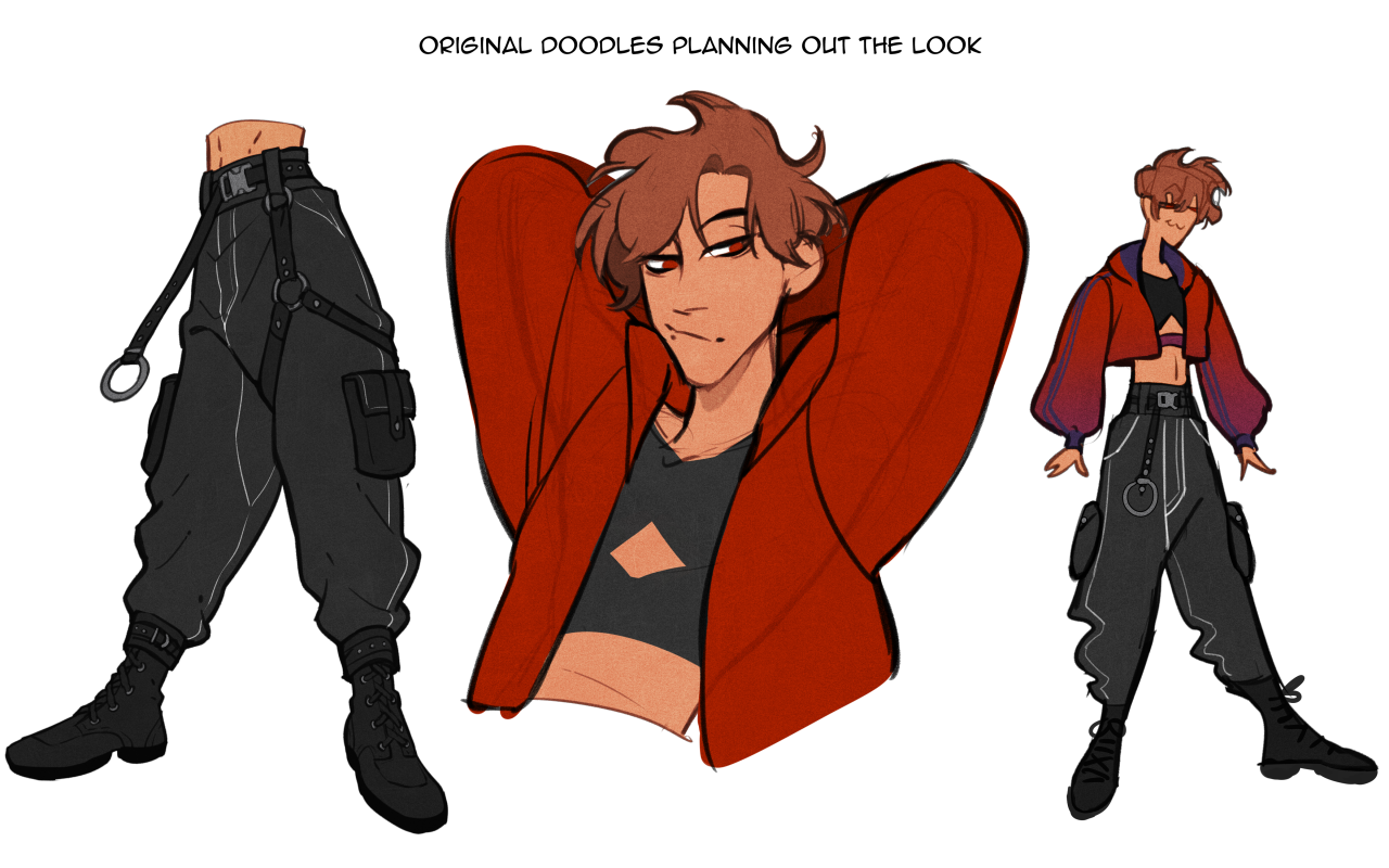 the image showcases three separate concept sketches of a male character, focusing on his attire. he sports an edgy and modern streetwear ensemble featuring a cropped red jacket, a black crop top, baggy cargo pants with chain accents, and black combat boots. the sketches capture various angles and poses, highlighting the outfit's details and overall style.