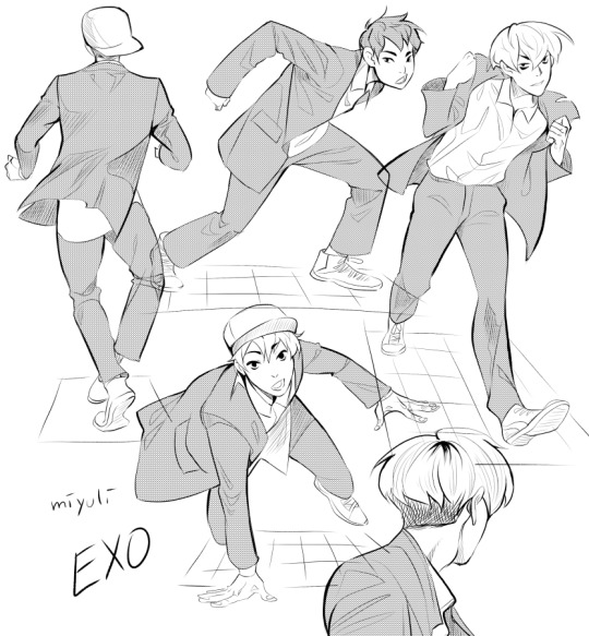 a black and white sketch of four men in various dance poses. the style is line art and the men are wearing casual clothing of suits and sneakers. they are drawn from various perspectives, including front view, back view, and side view.  the background is a simple grid pattern. the word "exo" is written in stylized font in the bottom right corner, referencing the kpop group the fanart is depicting.