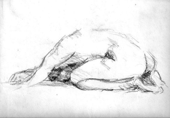 a sketch of a nude figure in a reclining pose, drawn with charcoal on white paper. the drawing is done in a gestural style, with loose lines and shading.  the figure is shown from the side, with the head resting on the ground, and the arms and legs curled up.  the composition is simple and elegant, and the overall effect is one of relaxed sensuality.