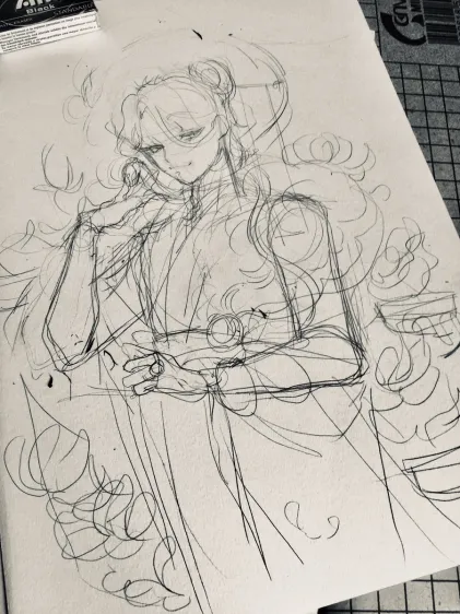 this is a pencil drawing of a woman with long flowing hair. she is wearing a dress and has a mysterious and ethereal look. the drawing is very detailed and shows the artist's skill in capturing the beauty of the subject. the drawing is done in a style that is reminiscent of anime and manga. the drawing is also very atmospheric and creates a sense of mystery and wonder.