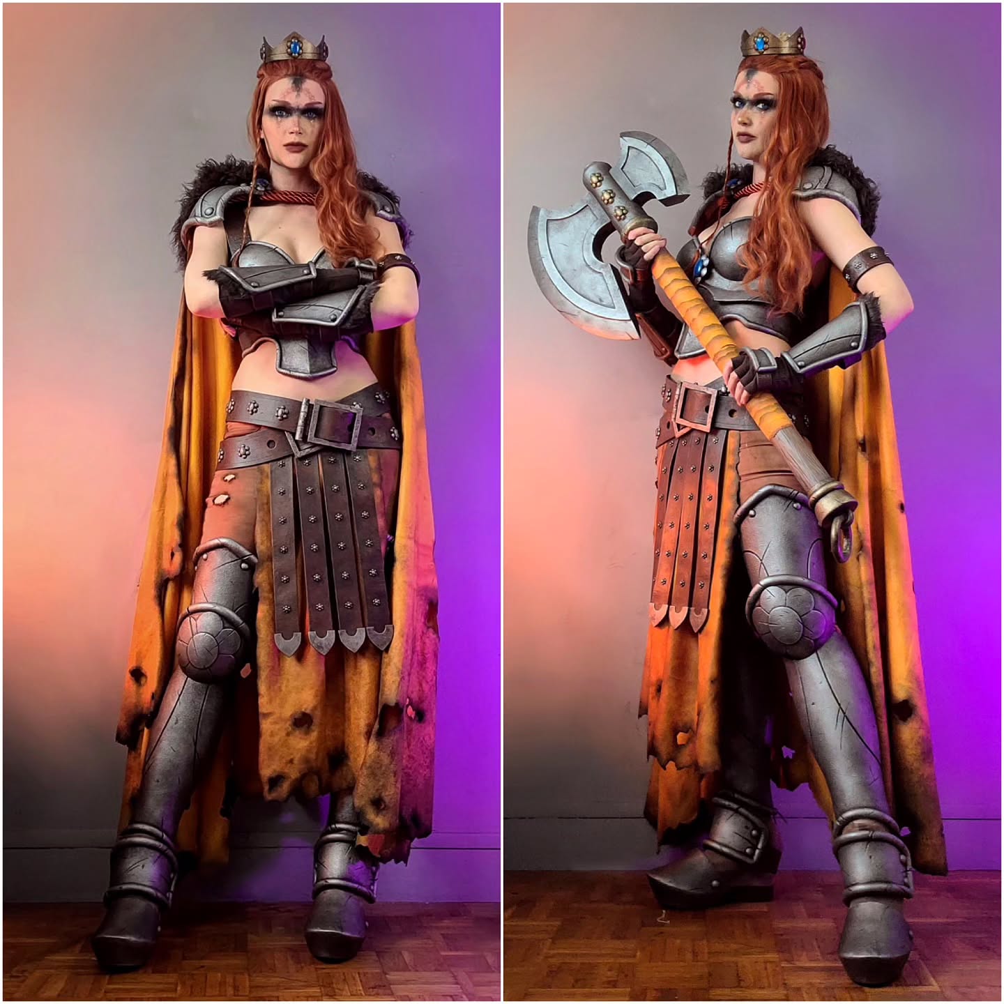 two fullbody studio shots of a woman cosplaying as a powerful female warrior queen. she is wearing a detailed and intricately crafted costume, including a crown, armor, a leather skirt, a tattered cape, and metal boots.  she is holding a large axe in one image and is posed with her arms crossed in the other. the background is purple and the lighting is dramatic, highlighting the details of her costume. the images are presented sidebyside. the overall impression is that of a fierce and confident fantasy character.