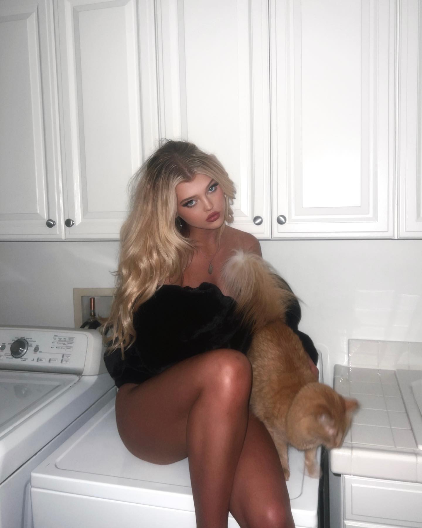 a woman with blonde hair and wearing a black top is sitting on a washing machine in what appears to be a laundry room. she is holding an orange cat. the background includes white cabinets.