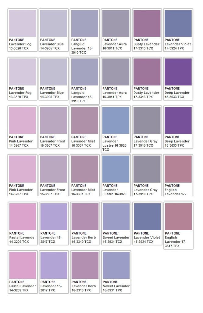 the image shows a collection of pantone color swatches in various shades of lavender. each swatch is labeled with a specific pantone name and code, such as "lavender fog 133820 tcx" or "lavender blue 143905 tpx". the swatches are arranged in rows and columns, showcasing a range of lavender hues from light and pastel to deep and vibrant.