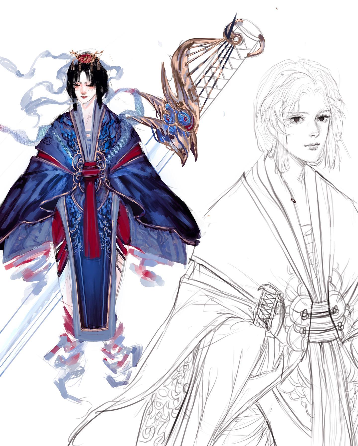 this image shows two different sketches, with one side coloured and the other not. the person in focus is the coloured figure, who is drawn more elaborately. the person is wearing traditional hanfu with flowing sleeves. the character's black hair is tied up in a high ponytail and they're wearing an ornate golden headpiece. behind them is a large, intricately designed sword. the person on the right side is the same person but only the line art is present and this version of them is wearing a different hanfu.
