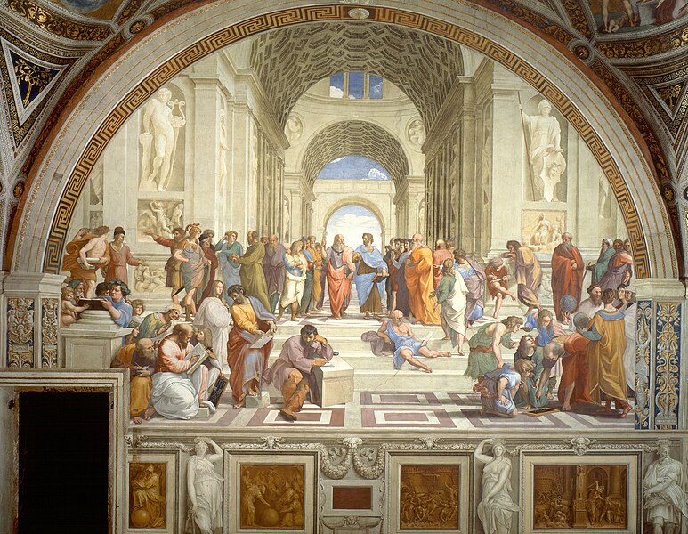 the image shows raphael's fresco "the school of athens" in the vatican. the painting depicts a gathering of ancient greek philosophers and scientists within a grand, classical architectural setting. figures such as plato and aristotle are prominently featured, engaged in discussions and demonstrations. the artwork is known for its masterful use of perspective and its representation of renaissance humanism and classical learning. the scene is set within a large, arched building with columns and statues, conveying a sense of intellectual grandeur and the importance of knowledge. a doorway can be seen at the bottom left of the image.