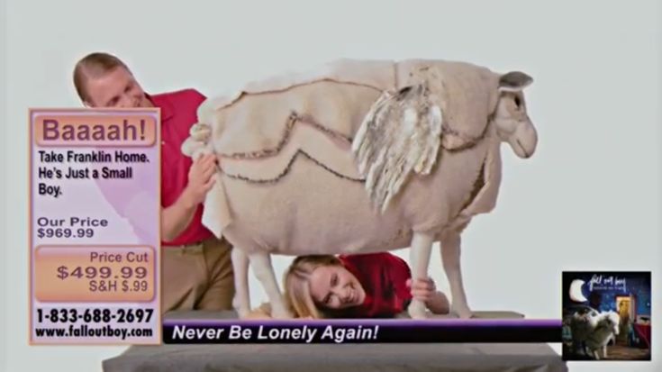 a commercial advertisement for a stuffed sheep from a band called "fallout boy." the ad features a man and woman holding a sheep, with a price cut listed next to it. the woman is crouching underneath the sheep as the man holds it. the advertisement mentions the band "fallout boy" and their album "never be lonely again."