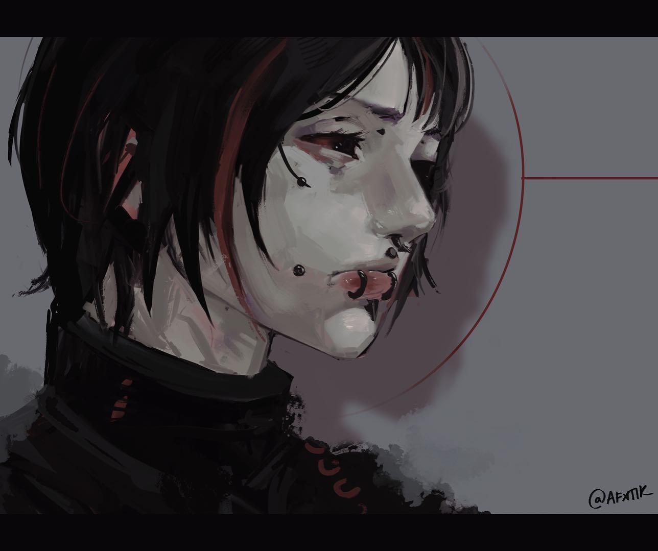 this is a digital drawing of a young man with a moody, alternative aesthetic. the closeup perspective emphasizes his solemn expression and striking features.  he has dark hair with a bold red streak, multiple piercings, and wears a dark turtleneck. the muted color palette and soft lighting enhance the artwork's overall melancholic atmosphere.