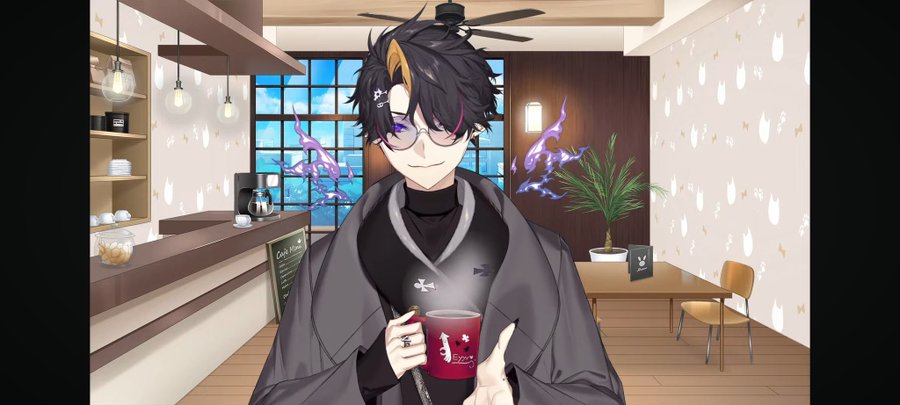 a young anime boy in a black coat is holding a mug of coffee, he has a cute grin on his face. he is standing in a cafe with a table and chair in the background, there is also a shelf in the background. the boy is looking to the right.