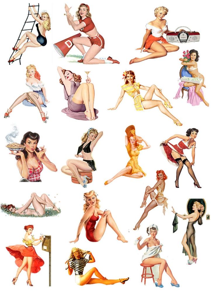 this image contains 18 separate pinup style illustrations of women. each woman is portrayed in a different pose, wearing a different outfit and showcasing different hairstyles. the overall style of the images is retro and vintage, evoking a sense of classic beauty and glamour.