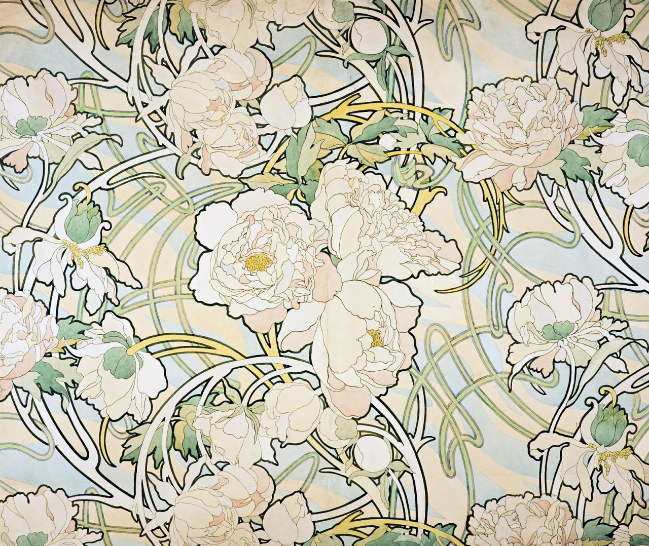 this is a beautiful art nouveau floral pattern. it features stylized white peonies with yellow centers and green leaves on a light blue and cream background. the lines are flowing and organic, typical of the art nouveau style. it's elegant, vintage, and has a decorative feel. it looks like textile or wallpaper design.