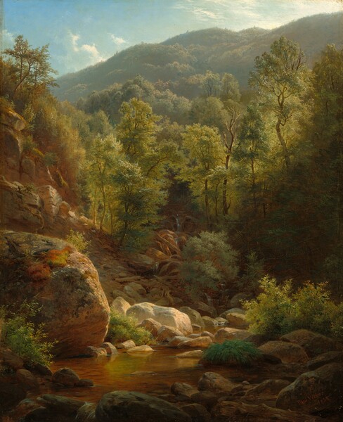 a landscape painting depicts a vibrant forest with a stream flowing through it. large rocks and trees populate the scene. in the background, a mountain rises under a bright, slightly cloudy sky. the painting captures the sunny and scenic atmosphere of the outdoors. the forest floor is covered in greenery and moss.