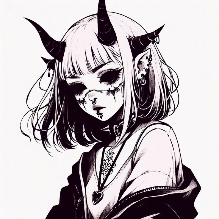 a black and white illustration of an anime girl with horns, piercings, tattoos, and a heart necklace. she has a dark, goth style and an edgy, alternative look.