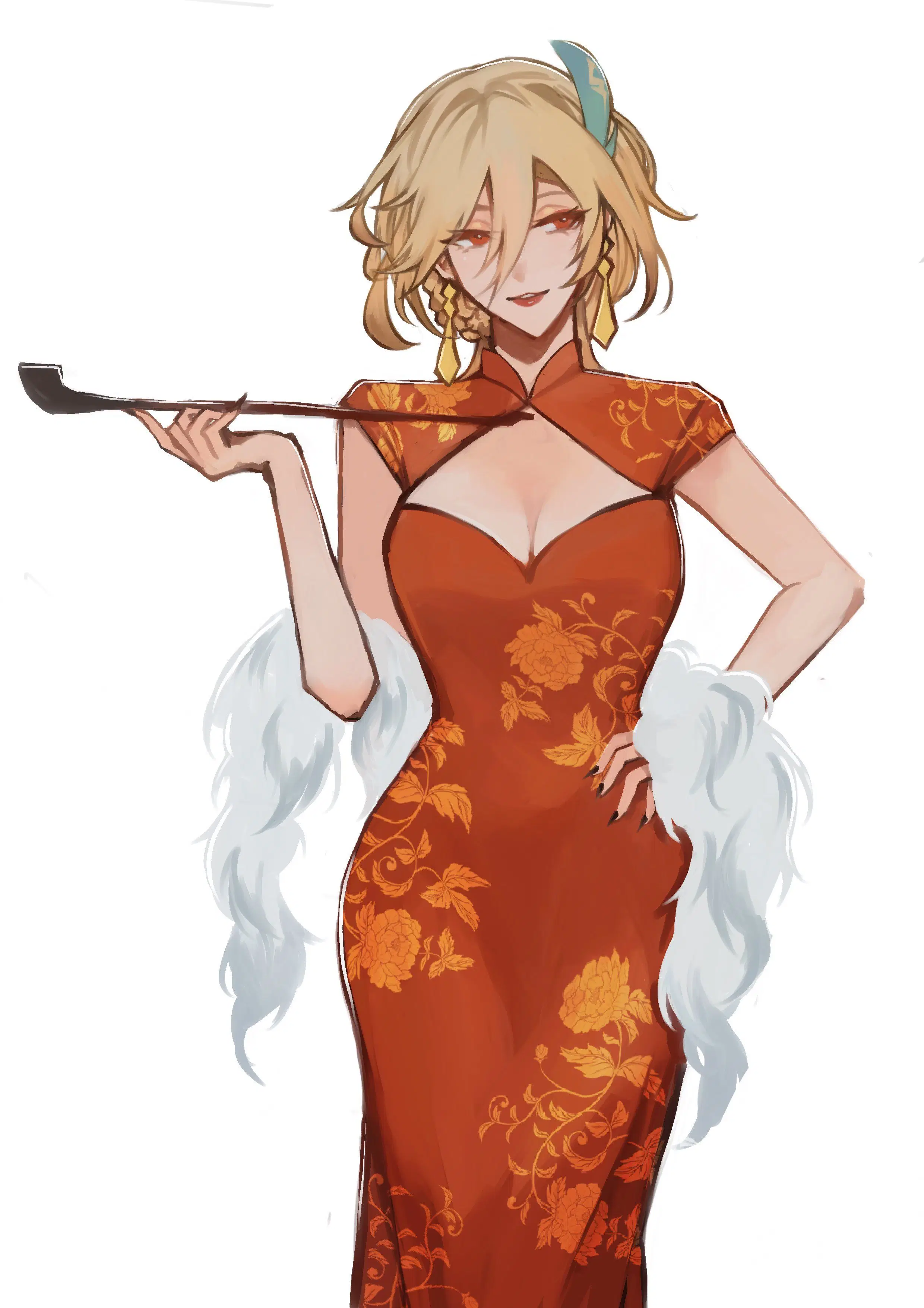 this is an animestyle illustration of a beautiful woman in a red cheongsam. she is dressed in a red dress, with gold accents and a white fur trim, holding chopsticks. she has long blonde hair and wears a small blue feather in her hair. she looks elegant and confident. the illustration is done in a bright and colorful style.