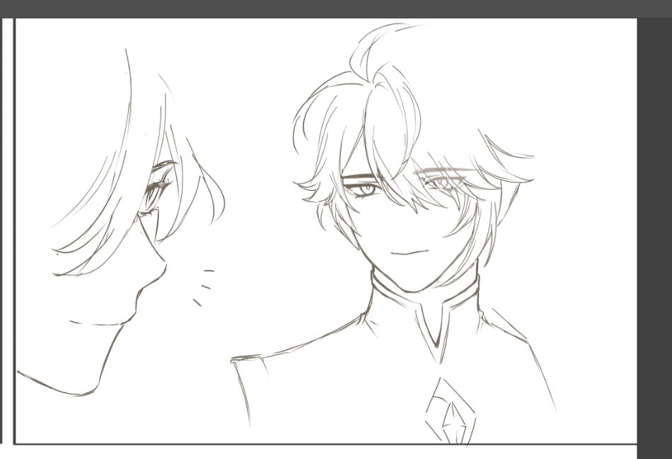 the image is a line art drawing of two anime boys. the boy on the left is looking to the right while the boy on the right is looking straight ahead. they appear to be in a closeup shot, and their facial expressions are barely visible. the boy on the right has a diamondshaped piece of jewelry around his neck. the drawing is done in black and white, with some shading to highlight the facial features.