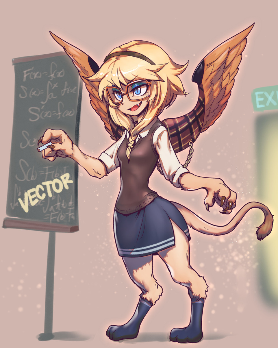 a furry girl with wings and a tail wearing a school uniform is standing in front of a chalkboard explaining math. she is holding a piece of chalk and is pointing to the equation on the board. the chalkboard has the word "vector" written in large letters. the girl is looking directly at the viewer and has a confident expression on her face. she appears to be a hybrid of a human and a bird or a cat.