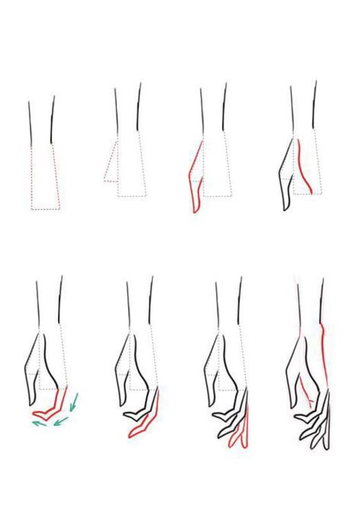 the image presents a stepbystep guide on how to draw a hand in a simplified, illustrative style. it begins with basic shapes, gradually adding details to form the fingers and refine the hand's overall form. the instructions are clear and visually laid out, demonstrating the evolution of the drawing from a simple outline to a more complex representation of a hand.