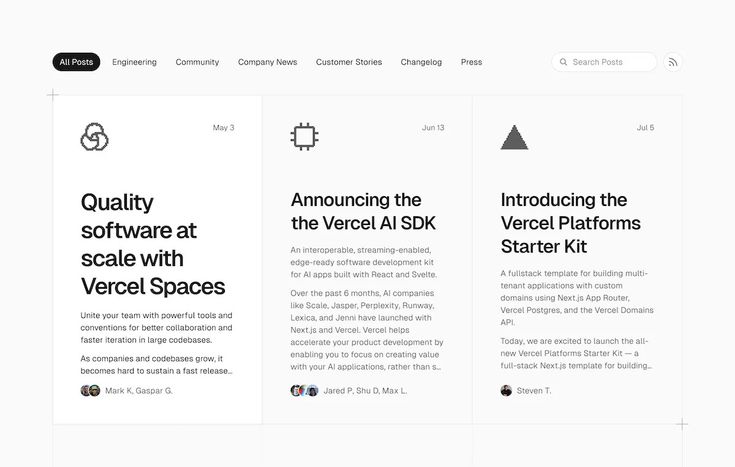 this is a screenshot from vercel's website, showcasing three blog posts. the top post titled "quality software at scale with vercel spaces", describes the benefits of using vercel spaces for collaboration and faster iteration. the second blog post, "announcing the vercel ai sdk", highlights the release of an edgeready software development kit for building ai applications using react and svelte. the third blog post, "introducing the vercel platforms starter kit", introduces a fullstack template for building multitenant applications with custom domains using next.js app router, vercel postgres, and vercel domains api. each post features a distinct icon representing its theme, and all three posts are accompanied by the author's names and profile pictures.  the top navigation bar shows various sections of the vercel website. the "all posts" button is selected, and the search bar and the rss feed icon are visible.