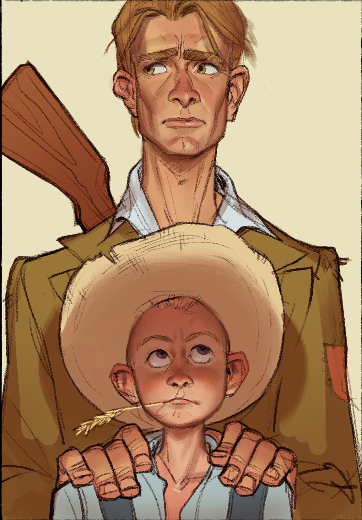 an illustration depicts a man standing behind a boy. the man has light brown hair, a concerned expression, and is wearing a jacket with a patch. a rifle is visible behind him. the boy, wearing a large straw hat, looks upward with a piece of straw in his mouth, conveying innocence and vulnerability. the overall style suggests a vintage, cartoonlike aesthetic with a rural setting implied.
